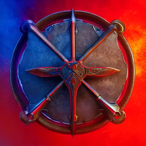 Image similar to symmetrical game - icon of giant medieval swords crossed, red powerful fantasy epic legends, game icon stylized, digital illustration radiating, a glowing aura, global illumination, ray tracing, 8 k high definition, intricate details, octane render, unreal engine, trending on arstation