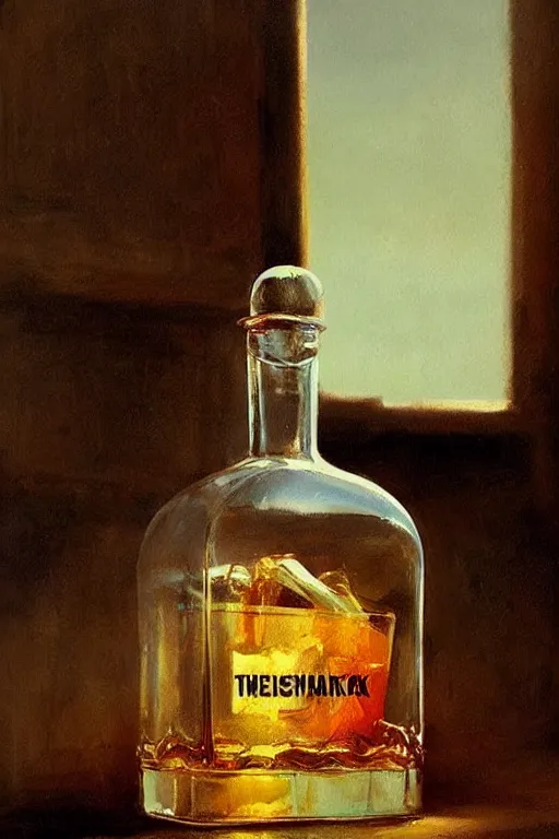 Image similar to imagine a ship in a bottle but instead of a ship a young jack nicholson is in the bottle, jack nicholson, fancy whiskey bottle, masterpiece painting by greg rutkowski