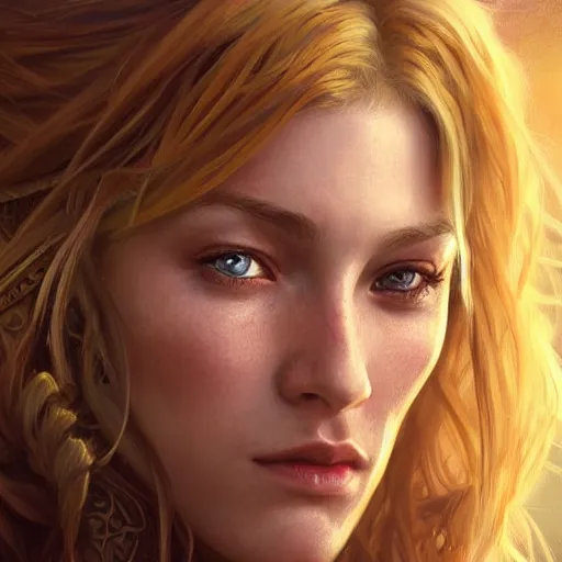 Image similar to portrait of a young ruggedly handsome but joyful pirate, female, feminine, upper body, blonde hair, long hair, d & d, fantasy, seductive smirk, intricate, elegant, highly detailed, digital painting, artstation, concept art, matte, sharp focus, illustration, art by artgerm and greg rutkowski and alphonse mucha