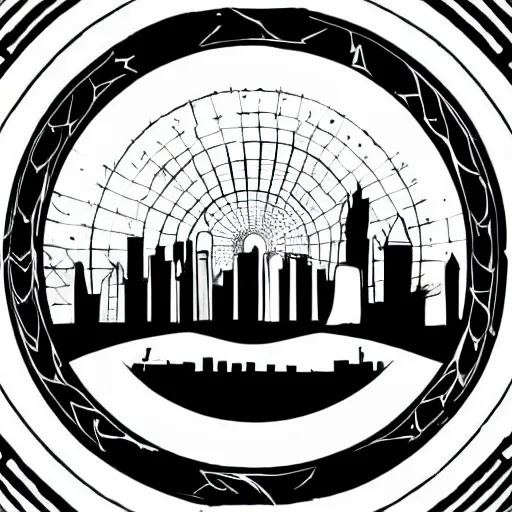 Image similar to a perfect circle where the inside is empty blank space and around the outer edge of the circle is the silhouette of a city skyline, black and white, minimalist, in the style of a line drawing