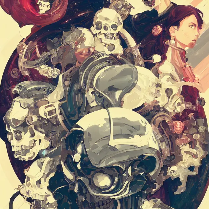 Image similar to anime skull portrait space pirate captain, futuristic science fiction, mucha, hard shadows and strong rim light, art by jc leyendecker and atey ghailan and sachin teng