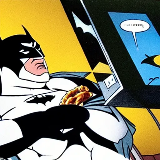 Image similar to movie still, movie frame, batman eats fried chicken in bed, lit only by the glow of the television set