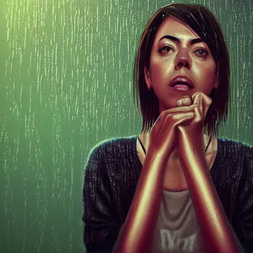 Prompt: aubrey plaza, cartoon portrait made out of rain, realistic, highly detailed, neon, rendered in octane, unreal engine, rain, beautiful, trending on artstation, emotional