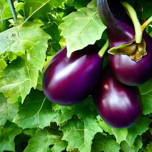 Prompt: an eggplant fruit still on the vine, a bizarre detailed red and purple glowing eggplant