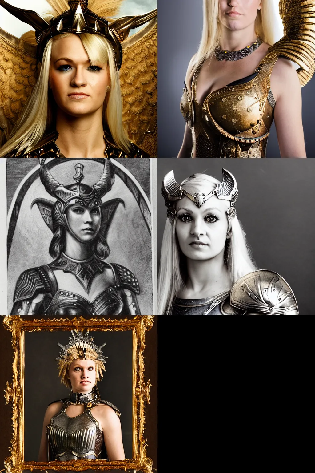 Prompt: a portrait of a Valkyrie with blonde hair wearing ornate armor, photograph