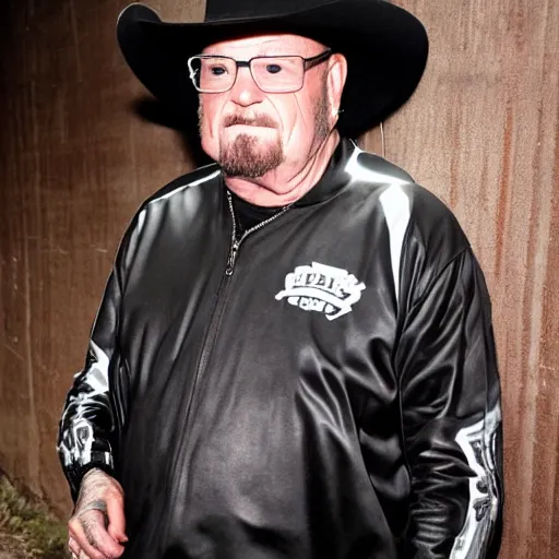 Image similar to Good ol' JR Jim Ross, wearing a tracksuit, standing in a dark alleyway, wearing a black cowboy hat, cyberpunk