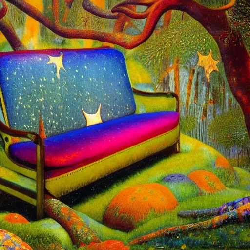 Image similar to psychedelic couch sofa in the lush pine forest, outer space, milky way, moose antlers, designed by arnold bocklin, jules bastien - lepage, tarsila do amaral, wayne barlowe and gustave baumann, cheval michael, trending on artstation, star, sharp focus, colorful refracted sparkles and lines, soft light, 8 k 4 k