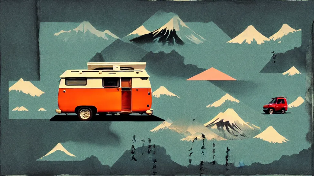 Image similar to japan various natural splendor and rural camper touring, a representational non - abstract collage painting, in the style of wes anderson, lola dupre, david hockney, isolated on negative space background bright monochrome spraypaint accents volumetric octane render