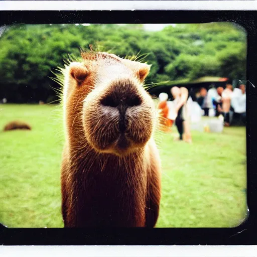 Prompt: Fancy capybara getting ready for a dinner at the festival, polaroid