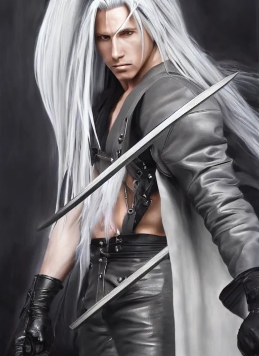 Image similar to sephiroth from final fantasy posing for art, beautiful, sharp detail, realistically detailed shading, 8 k, hyper realistic art, photo realism, robin eley, artstation, hyper realistic oil painting