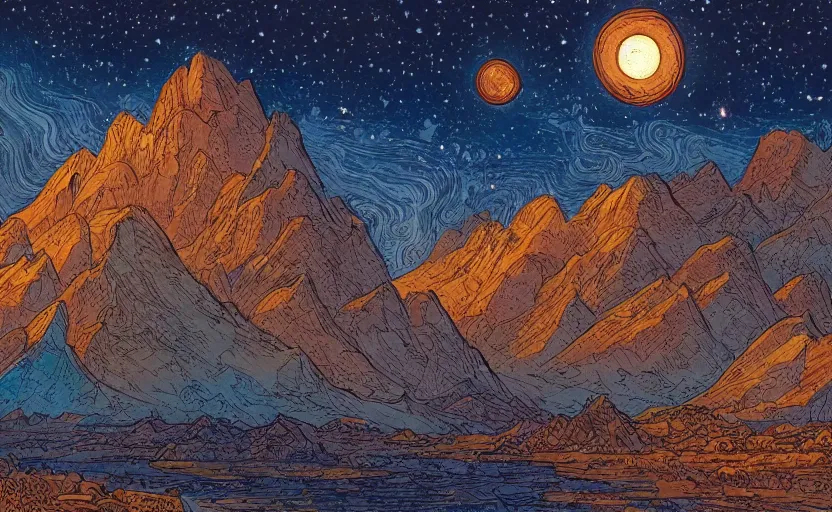 Image similar to mountains, stars and paisley filled sky, artstation, intricate, highly detailed, digital painting, concept art, sharp focus, illustration by Jean Claude Mézières and Ivan Bilibin
