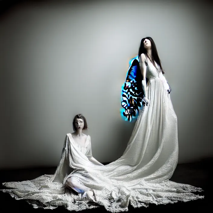 Image similar to portrait of a beautiful woman like a fallen angel, total body dressed in long intricate ornamental white dress, fine art photography by Lindsay Adler, sitting in an hall of an haunted house professional studio lighting, volumetric lighting, dark colors , hyper realistic kodak photography