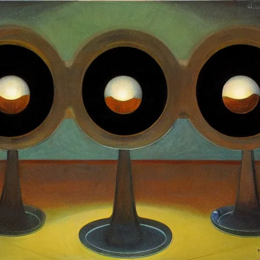 Image similar to three brutalist robotic judges with glowing eyes, inside a dome, pj crook, grant wood, edward hopper, syd mead, chiaroscuro, oil on canvas