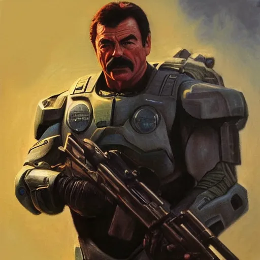 Image similar to ultra realistic portrait painting of tom selleck as master chief, art by frank frazetta, 4 k, ultra realistic, highly detailed, epic lighting