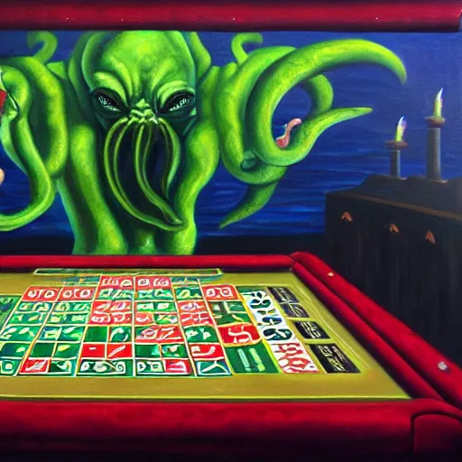 Image similar to oil painting of cthulhu playing in a casino, masterpiece