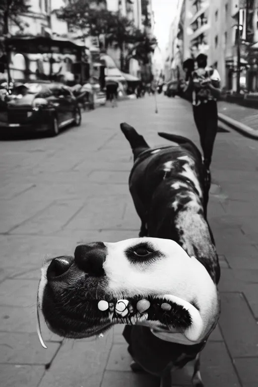 Image similar to Street photography of a dog licking an ice-cream, polaroid