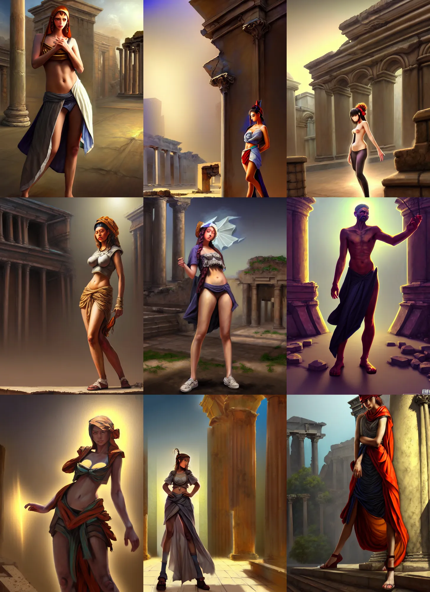 Prompt: costume design from street graffiti designers, sophisticated composition, old masters light composition, procedurally generated, character posing for concept art, ancient ruins behind, substance designer, PBR, HD, Ultra detailed, hyperrealistic, megascans, volumetric light, concept by master artist, made in paint tool SAI2, trending pixiv face