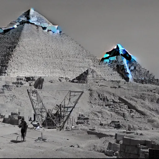 Image similar to a photograph of the great pyramid of giza at the early stages of construction with scaffolding and workers, dslr high resolution