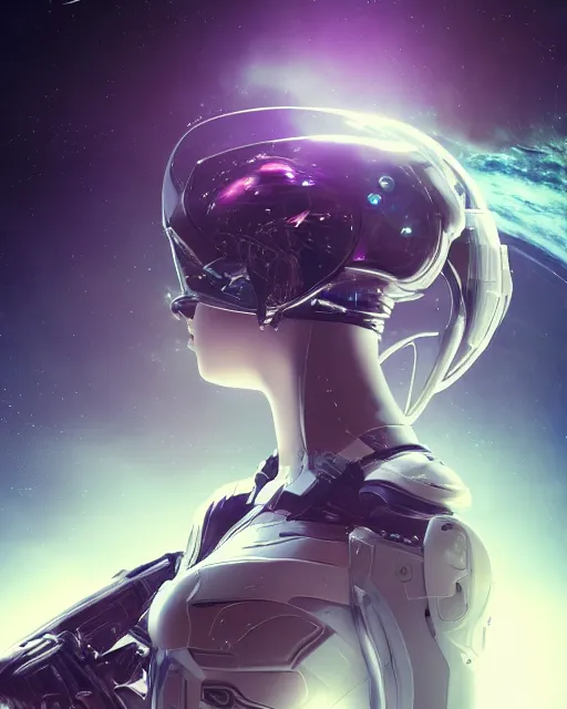 Image similar to photo of a android girl on a mothership, warframe armor, beautiful face, scifi, nebula, futuristic background, galaxy raytracing, masterpiece, ethereal, beauty, ponytail haircut, blue cyborg eyes, cosmic wind, flow state, 8 k high definition, insanely detailed, intricate, innocent, art by akihiko yoshida, antilous chao, woo kim