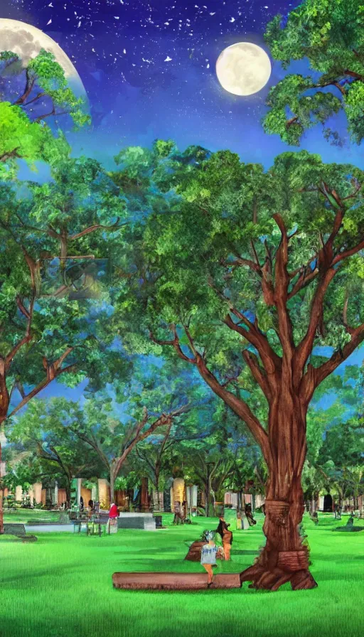 Image similar to a city park in Merida Yucatan Mexico with Ceiba trees and a full moon. fantasy illustration