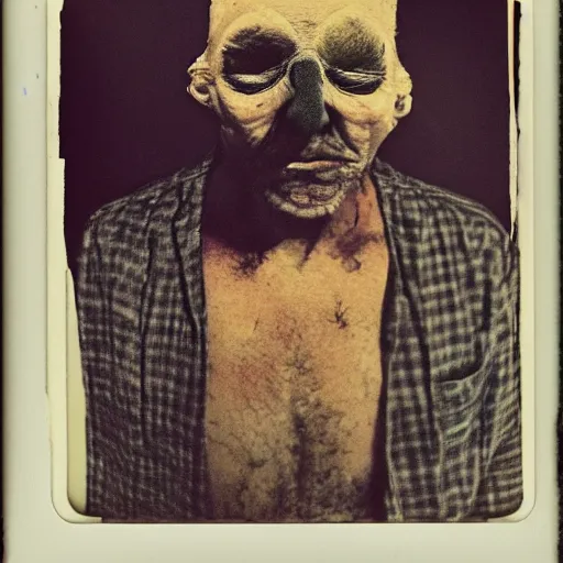 Image similar to portrait of the exiled god, polaroid, cosmic horror, photo realistic, flesh, nightmare, demon, old man, beard, no eyes, hate, anger, monster