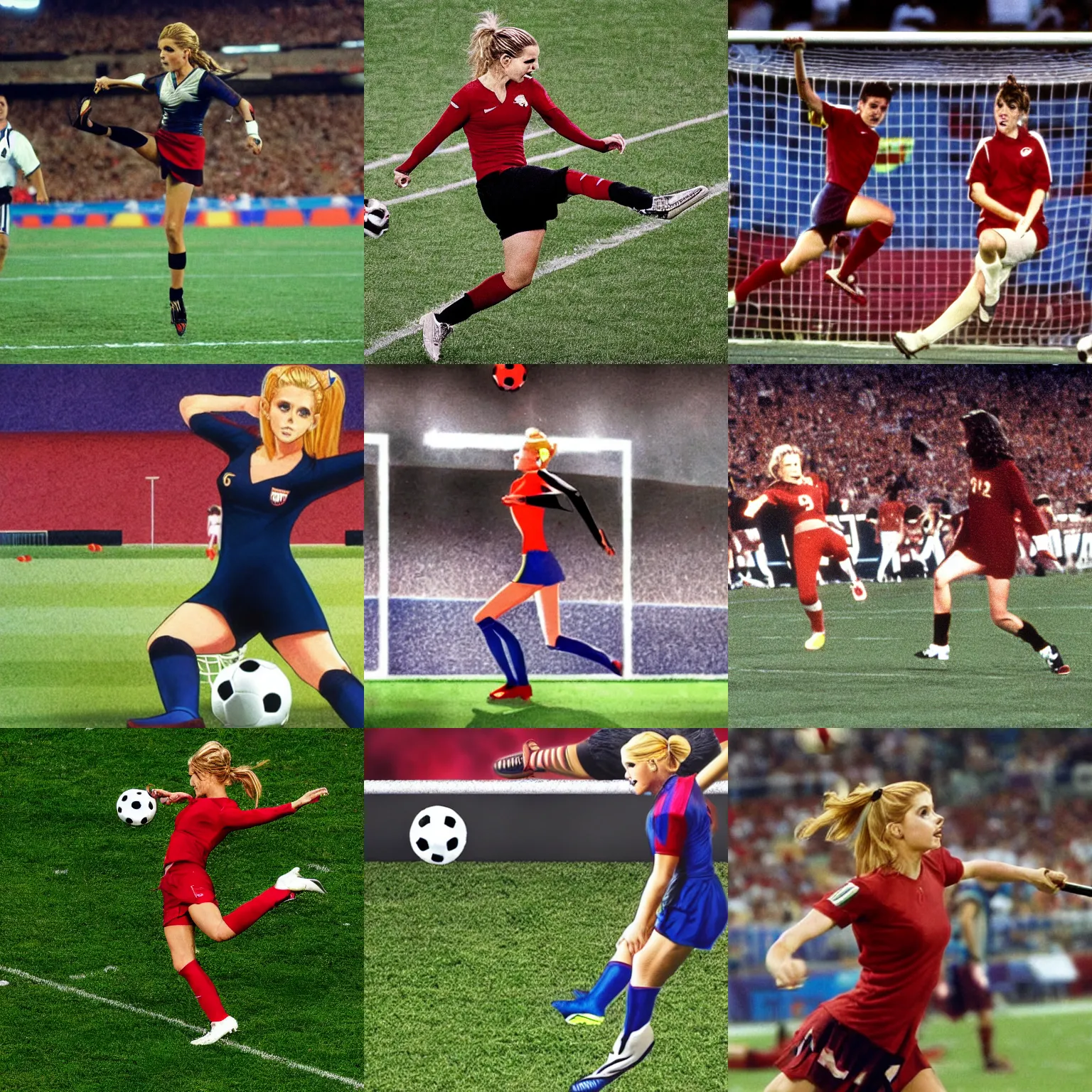 Prompt: Buffy the Vampire Slayer kicking a football, scoring a winning goal at the World Cup, in a football stadium