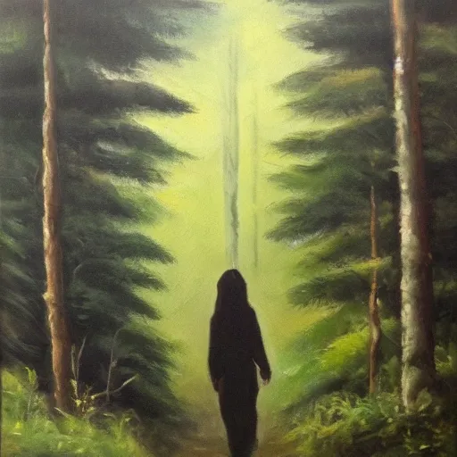 Image similar to Wanderer in the dark forest, oil on canvas