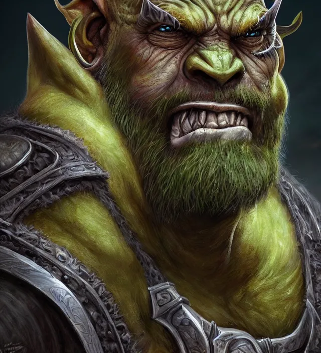 Image similar to full face portrait of an orc, detailed eyes, tusks, fantasy, intricate, highly detailed, digital painting, 4 k, hdr, concept art, smooth, sharp focus, illustration, by wayne reynolds, world of warcraft