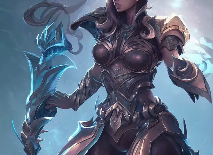 Image similar to beautiful new female character for league of legends, character concept art, action pose, illustration, full body armor, steel plating, huge weapon, super powers, athletic, symmetry, intricate design, shiny, highly detailed, 4 k, dramatic lighting, art by artgerm and greg rutkowski