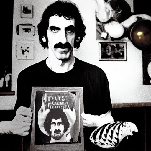 Prompt: portrait of Frank Zappa eats a frank at Zappa club