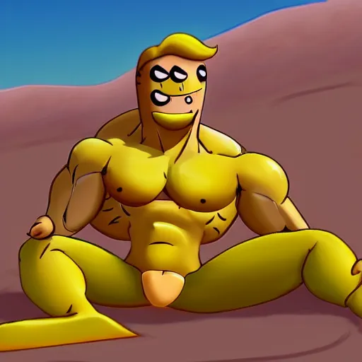 Image similar to a muscular lemon cartoon character, is relaxing on a beach,, inspired by dalle - 2 ai generations