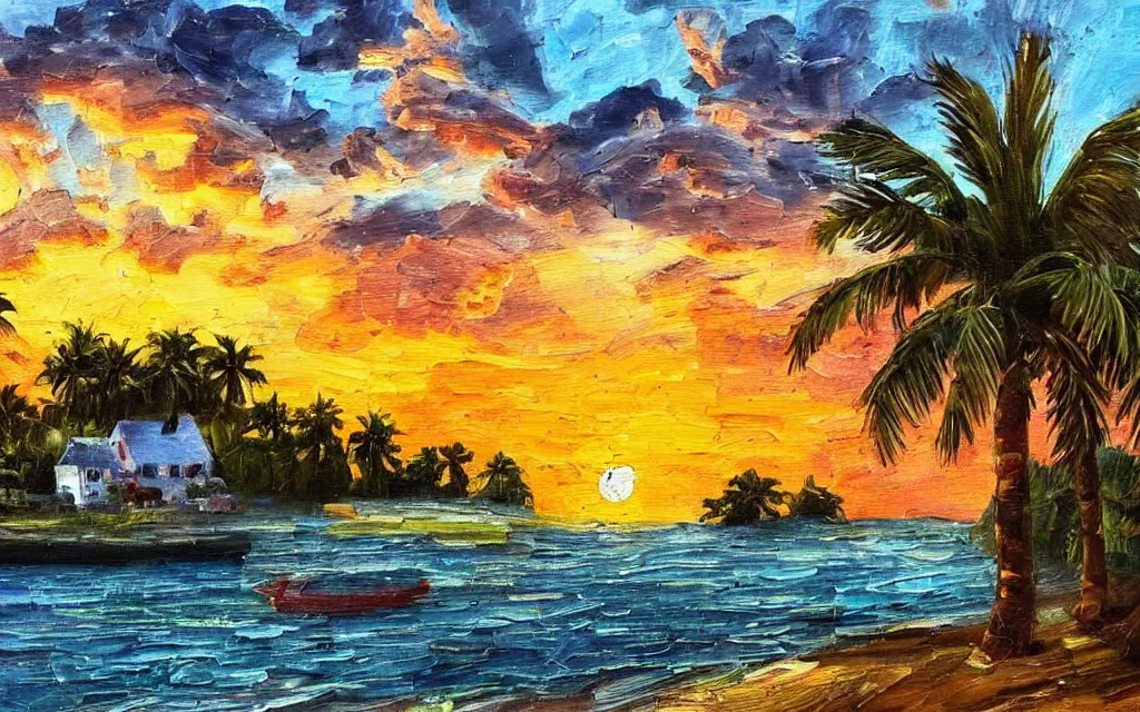 Image similar to a tiny island surrounded by water with a cozy cottage, with a paved garden courtyard with benches, palm trees, river, sunset, puffy clouds, dramatic and dynamic lighting, thick brush strokes oil impasto painting