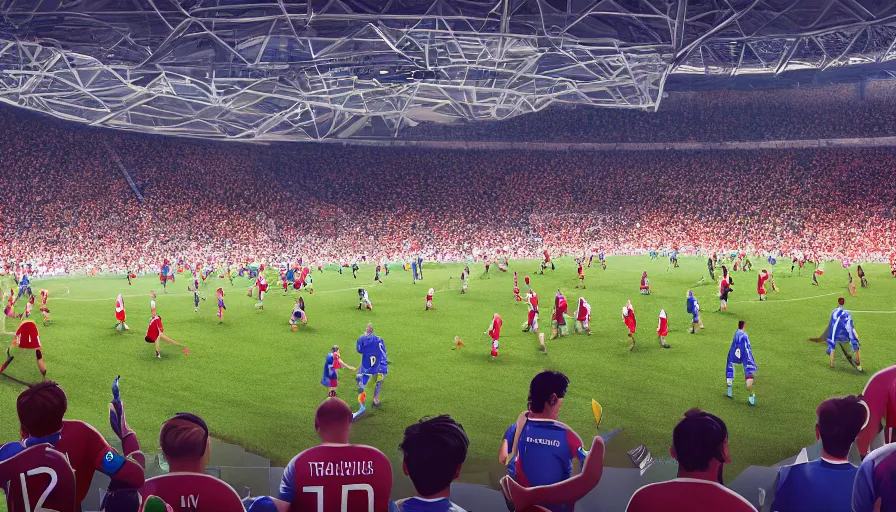 Image similar to 2 0 3 0 fifa world cup match, inside the crowded stadium, players on the field, hyperdetailed, artstation, cgsociety, 8 k