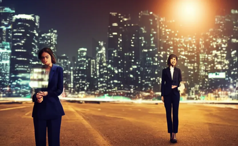 Prompt: a wide shot of a woman with a wool suit, blurred face, wearing an omega speedmaster on her wrist in front of a crowded dystopian city at night with cyberpunk lights