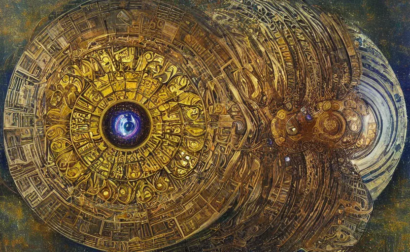 Prompt: Brutalist architecture building, Divine Chaos Engine by Karol Bak, Jean Deville, Gustav Klimt, and Vincent Van Gogh, sacred geometry, visionary, mystic, spiritual, fractal structures, ornate gilded medieval icon, third eye, spirals