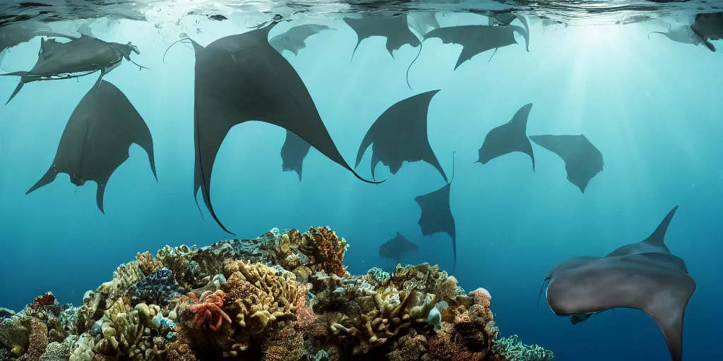 Image similar to hyperrealistic underwater photography, panoramic picture of an ocean floor with in the distance some manta rays. focus on the sharks. the manta rays are anatomically correct and highly detailed. the eyes are intricately detailed. there are lots of bubbles. seaweed and some rocks. gloomy scattered light entering from the water surface, trending on artstation, hq, 4 k