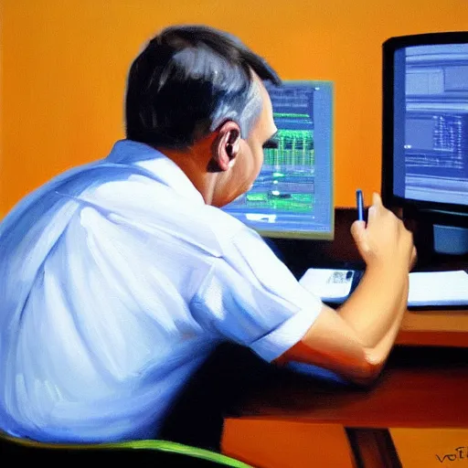 Image similar to viktor orban computer programming in a cubicle, oil painting