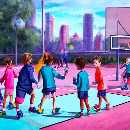 Prompt: tall woman wearing a blue jacket and pink shorts playing basketball against a group of kindergarteners, complete detailed body, city in background, moody atmosphere, digital art, highly detailed, high contrast, beautiful lighting, award winning, trending on art station, photorealistic, 8 k,