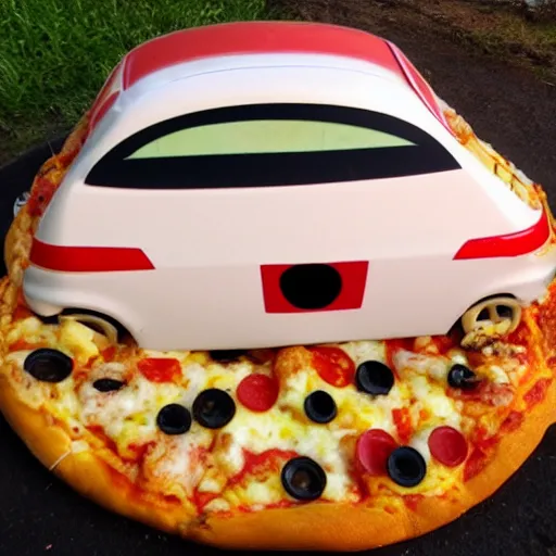 Image similar to car made out of pizza