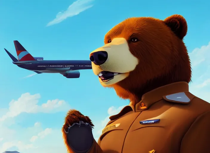 Image similar to character portrait feature of the anthro male anthropomorphic kamchatka brown bear fursona wearing airline pilot outfit uniform professional pilot for delta airlines character design stylized by charlie bowater, ross tran, artgerm, and makoto shinkai, detailed, soft lighting, rendered in octane