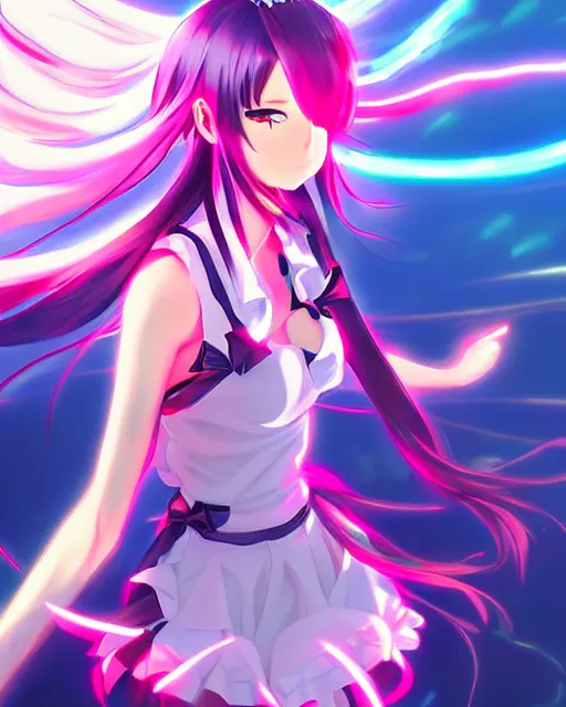 Image similar to anime style, vivid, expressive, full body, 4 k, painting, a cute magical girl idol with a long wavy hair wearing a dress fighting monsters, correct proportions, stunning, realistic light and shadow effects, neon lights, studio ghibly makoto shinkai yuji yamaguchi