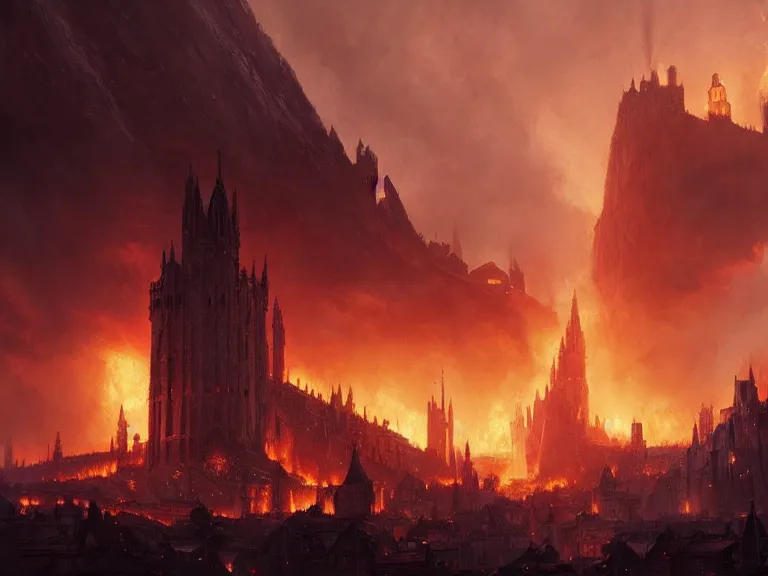 Prompt: medieval cities on fire, lord of the rings, game of thrones, unreal 5, cinematic, 8 k, unreal engine, beautiful, smoothly, concept art, artstation, highly detailed, by wlop, by greg rutkowski, oil painting, by artgerm