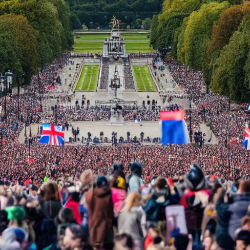 Image similar to a picture of buckingham palace very very accurate with a gigantic crowd of protestors on the street, the sky is blue and everyone is holding russian signs wide shot hyperrealistic photography 7 0 mm