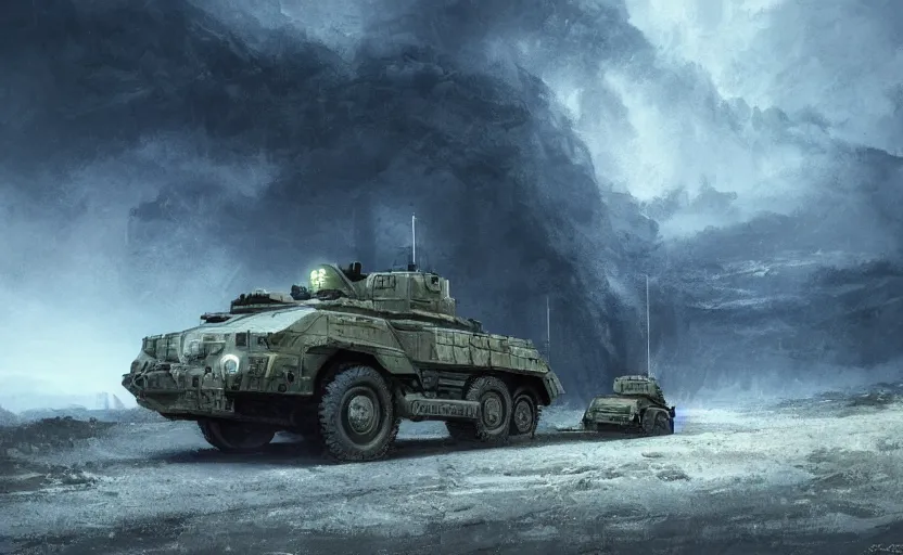 Image similar to a military vehicle in the mountain at night by Paul Chadeisson, blue headlights, dark image, stormy weather, landscape, military outpost, spotlights, atmospheric, artstation, concept art, illustration, sharp focus, high detail, octane render, intimidating