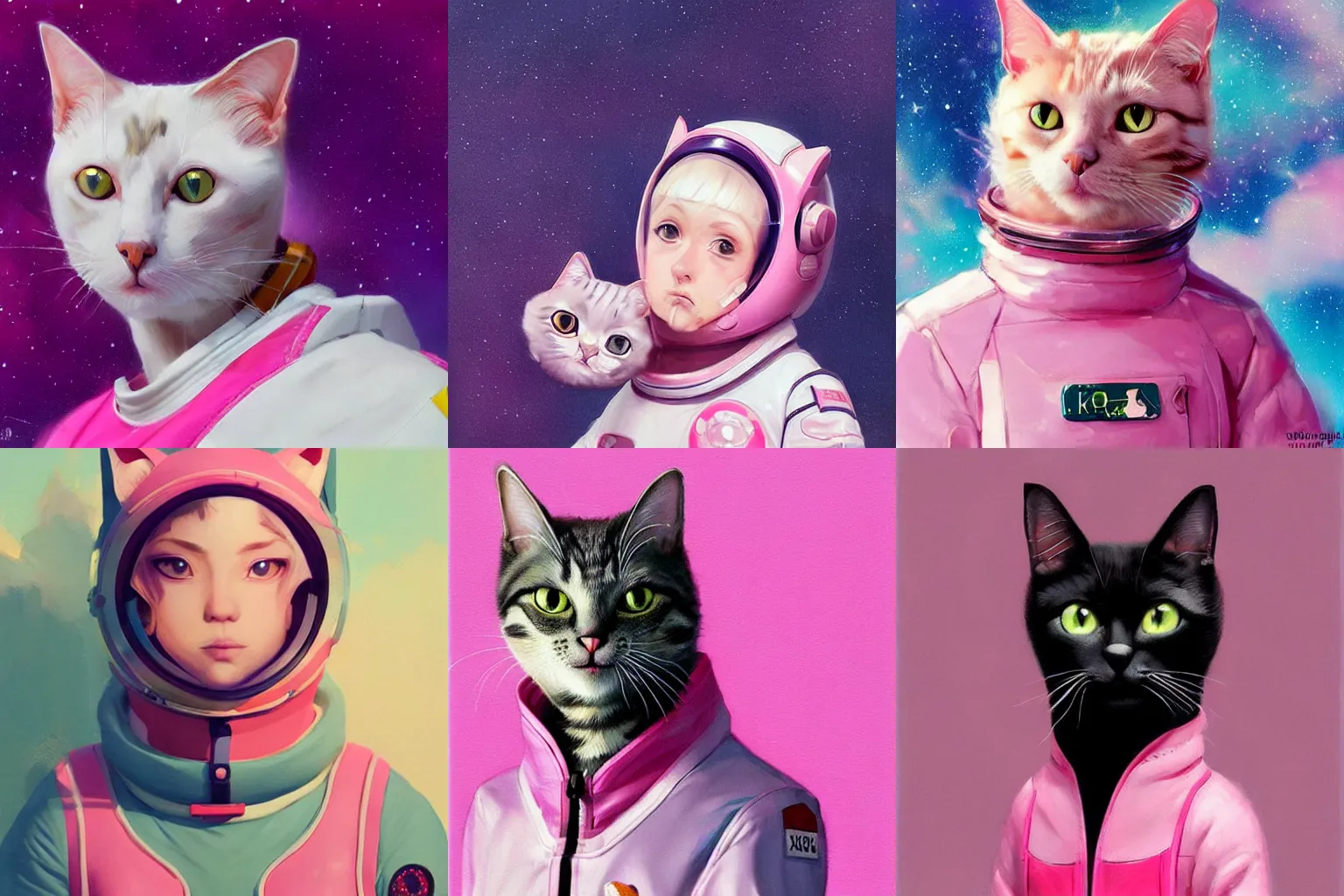 Prompt: portrait of a cat wearing a pink spacesuit, surreal background, digital art by Krenz Cushart, trending on artstation, cgsociety,