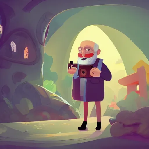 Prompt: cute cartoon character, curled perspective, digital art, beard grandpa taking a photo to a baby girl, anton fadeev