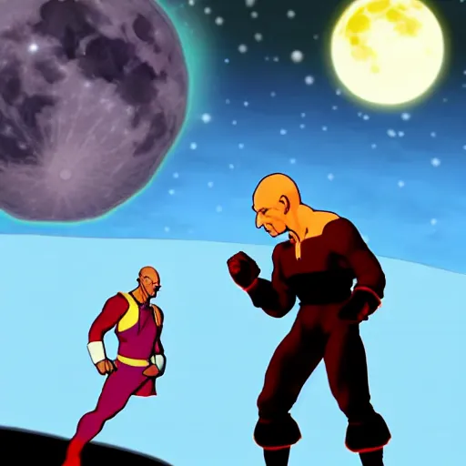 Prompt: picard fighting akuma from street fighter 2 at night with a full moon low in the sky