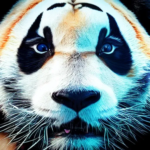 Prompt: photograph of a panda tiger with piercing blue eyes, galaxy in each eye, dramatic lighting, dramatic lighting, beautiful, epic, glorious, extreme detail, 4k, award-winning