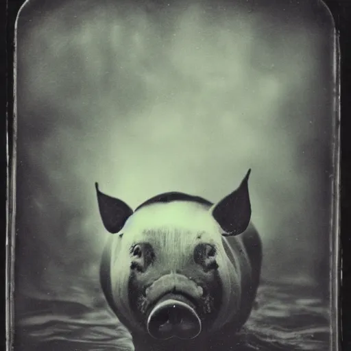 Image similar to tintype photo, swimming deep underwater, alien pig