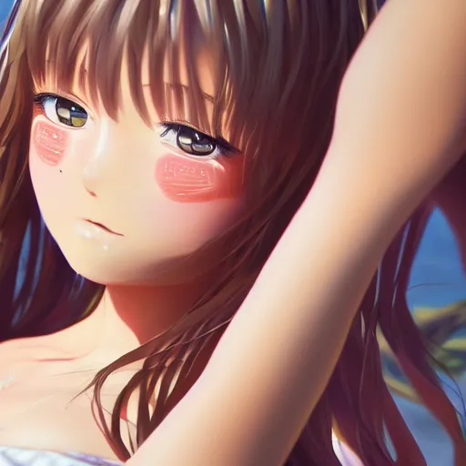 Image similar to Render of a very beautiful anime girl, long hair, hazel eyes, cute freckles, full round face, short smile, cute sundress, golden hour, serene beach setting, medium shot, mid-shot, highly detailed, trending on Artstation, Unreal Engine 4k